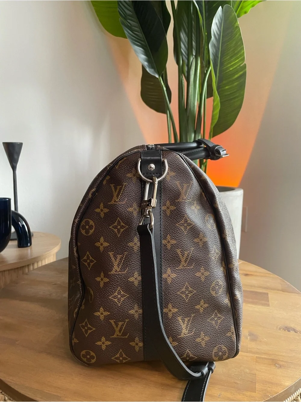 Louis Vuitton Brown Monogram Duffel with Black Leather Trim 45 Keepall
